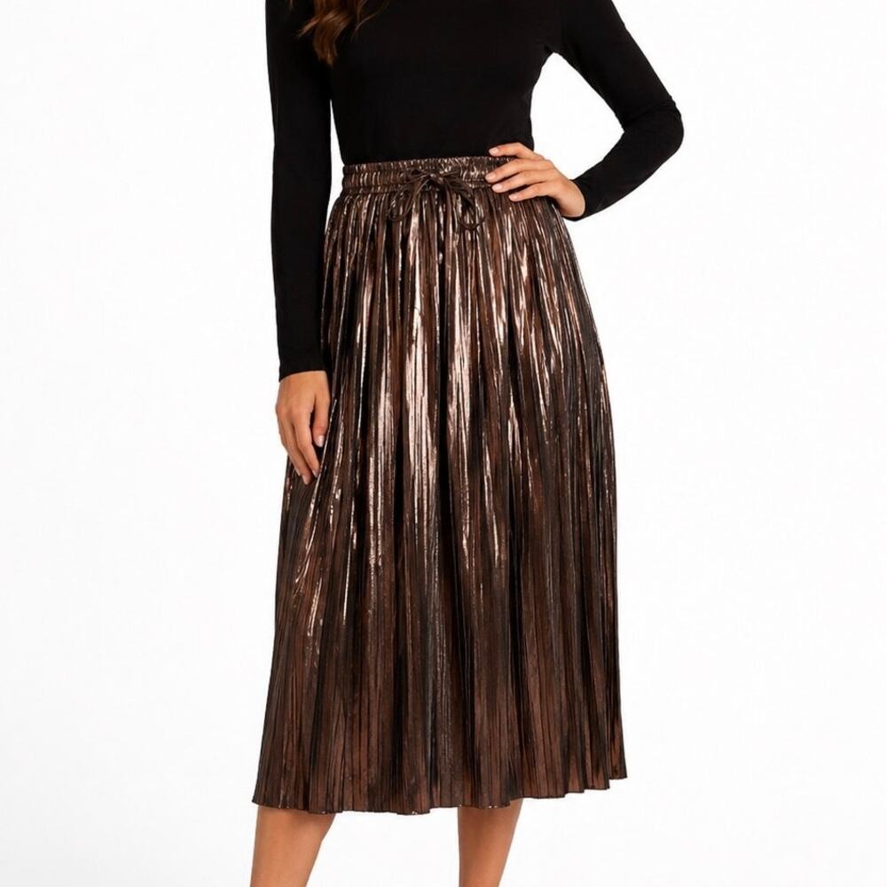 ModCloth Bronze Metallic Plissé Pleated Midi Skirt Tie Waist Glam Statement